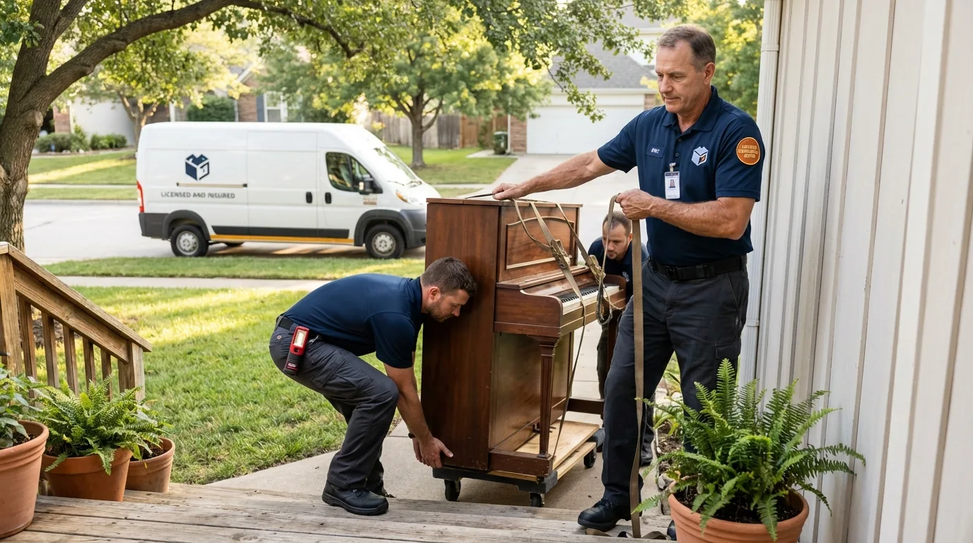 Licensed piano movers securing grand piano in Virginia City, NV