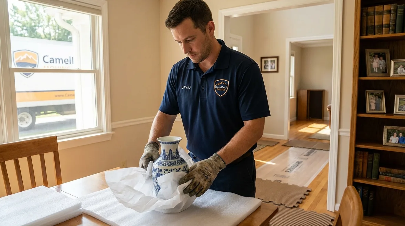 Professional crew carefully wrapping antique vase for senior downsizing move in Virginia City, NV
